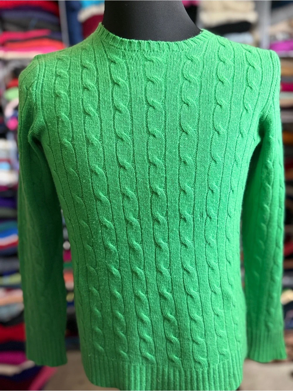 Men's Kelly Green Cable Knit Cashmere Sweater - Classic Crewneck